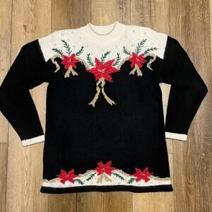 VTG Dana Scott Wool Blend Holiday Christmas Poinsettia Sweater Black Gold Size L
